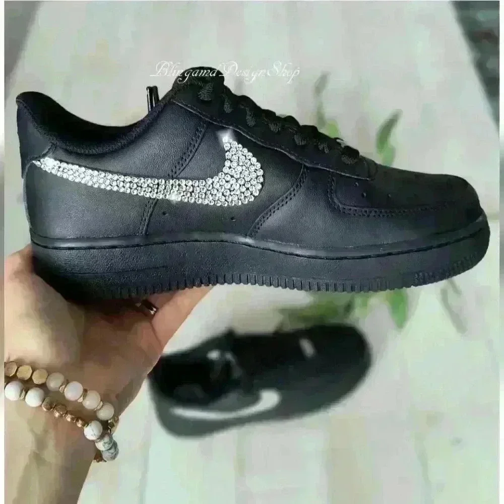 Nike Air Force 1 07 Black Sneakers Shoes made with Swarovski Crystal Bling Nikes
